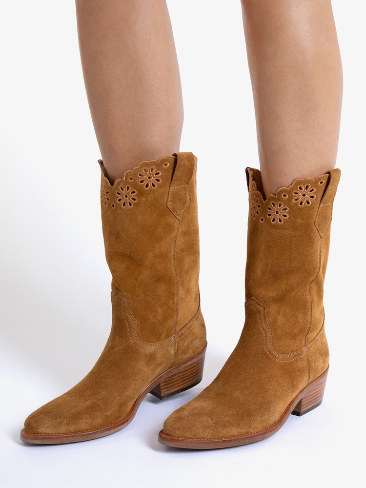 Penelope Chilvers Jesse Broderie Suede Brown Cowboy Boots - Image 1 of 1
