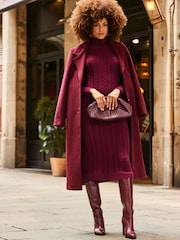 Sosandar Burgundy Red Fitted Roll Neck Cable Knit Jumper Dress - Image 3 of 5