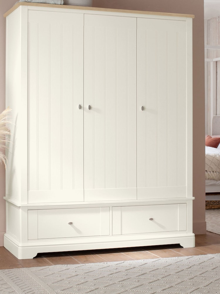 Chalk White Hampton Painted Oak Triple, 2 Drawers Wardrobe - Image 1 of 9