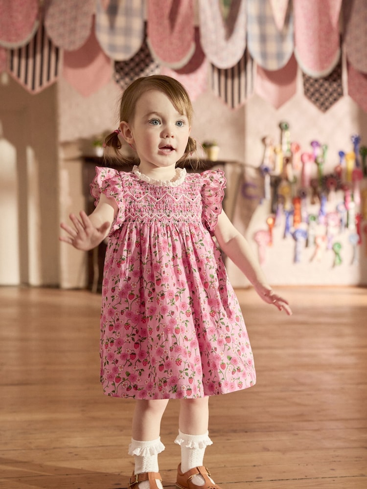 Cath Kidston Pink Strawberry Embroidered Shirred Frill Sleeve Summer Dress (3mths-8yrs) - Image 1 of 11