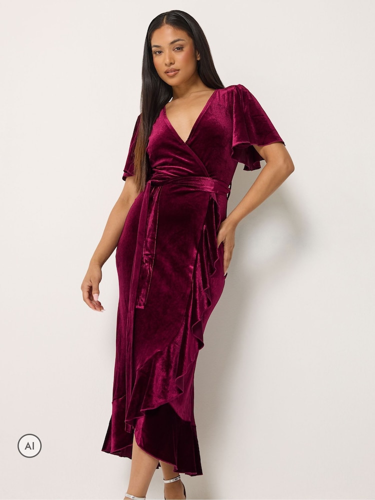 M&Co Red Petite Velvet Wrap Ruffle Dress - Image 1 of 6