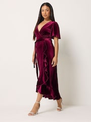 M&Co Red Petite Velvet Wrap Ruffle Dress - Image 2 of 6