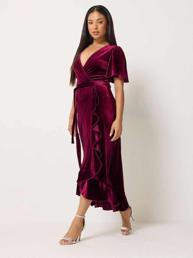 M&Co Red Petite Velvet Wrap Ruffle Dress - Image 2 of 6