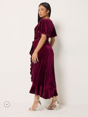 M&Co Red Petite Velvet Wrap Ruffle Dress - Image 3 of 6