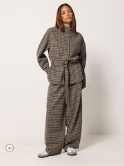 PixieGirl Petite Brown Check Tie Waist Shacket & Trousers Set - Image 1 of 6