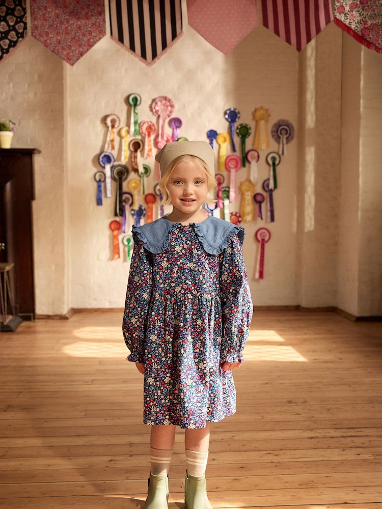 Cath Kidston Navy Ditsy Floral Long Sleeve Collar 100% Cotton Dress (3mths-8yrs) - Image 1 of 9