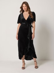M&Co Black Velvet Wrap Ruffle Dress - Image 1 of 6