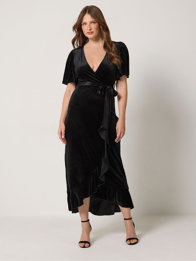 M&Co Black Velvet Wrap Ruffle Dress - Image 1 of 6