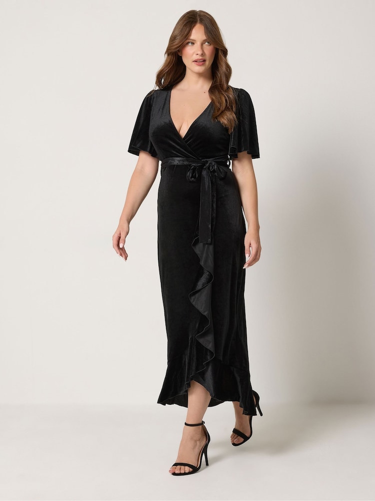M&Co Black Velvet Wrap Ruffle Dress - Image 2 of 6