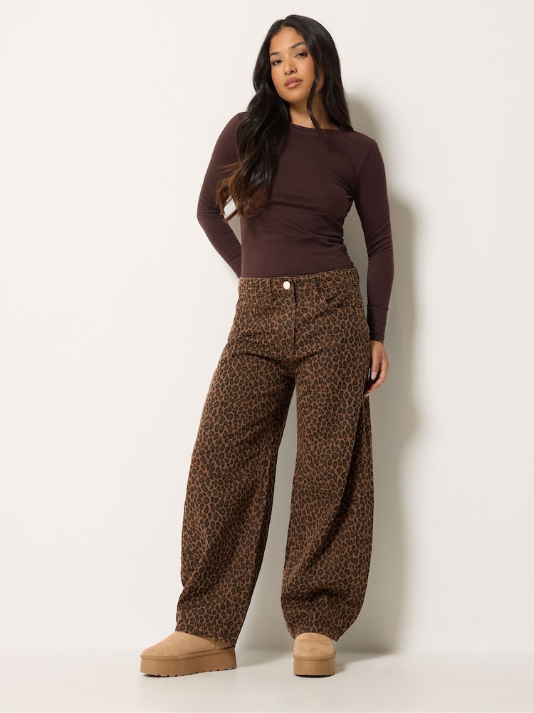 PixieGirl Petite Brown Animal Print Barrel Jeans - Image 1 of 6 PixieGirl Petite Brown Animal Print Barrel Jeans - Image 1 of 6