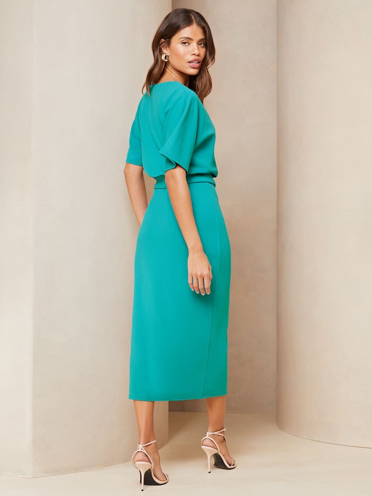 Lipsy Blue V Neck Flutter Sleeve Belted Midi Dress - Image 2 of 4