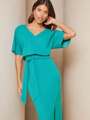 Lipsy Blue V Neck Flutter Sleeve Belted Midi Dress - Image 3 of 4