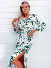 AX Paris Green Printed Gathered Button Up Top Midi Dress - Image 3 of 4