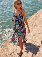 Navy Blue Floral Textured Volume Summer Maxi Dress - Image 2 of 10