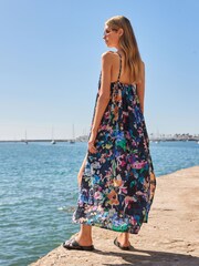 Navy Blue Floral Textured Volume Summer Maxi Dress - Image 5 of 10