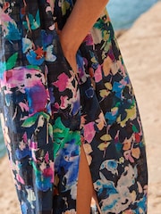 Navy Blue Floral Textured Volume Summer Maxi Dress - Image 8 of 10