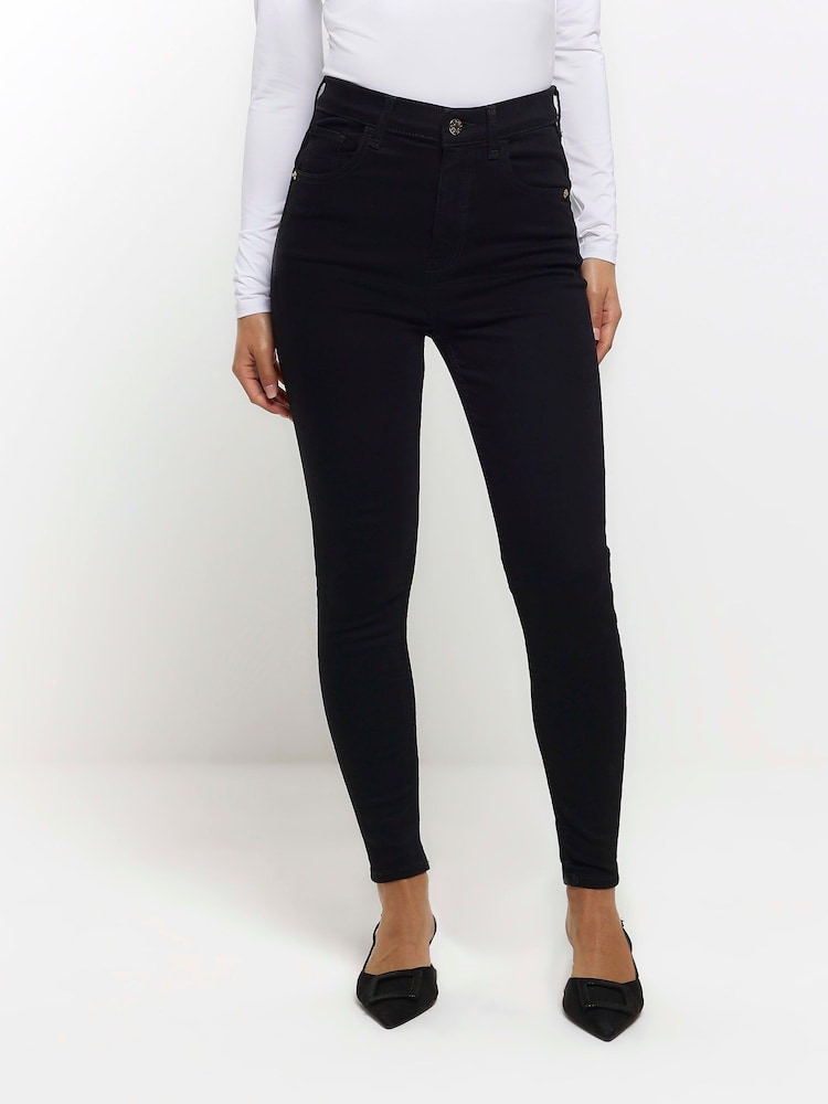 River Island Black Petite High Rise Bum Sculpt Skinny 100% Cotton Jeans - Image 1 of 7
