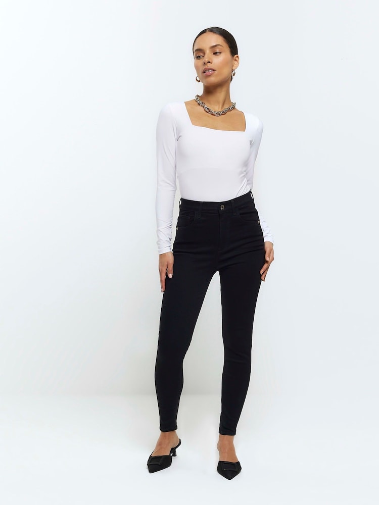 River Island Black Petite High Rise Bum Sculpt Skinny 100% Cotton Jeans - Image 2 of 7