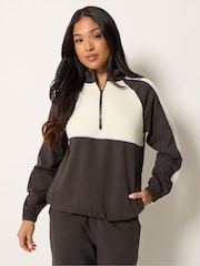 PixieGirl Petite Brown Colour Block Quarter Zip Sweatshirt - Image 1 of 6
