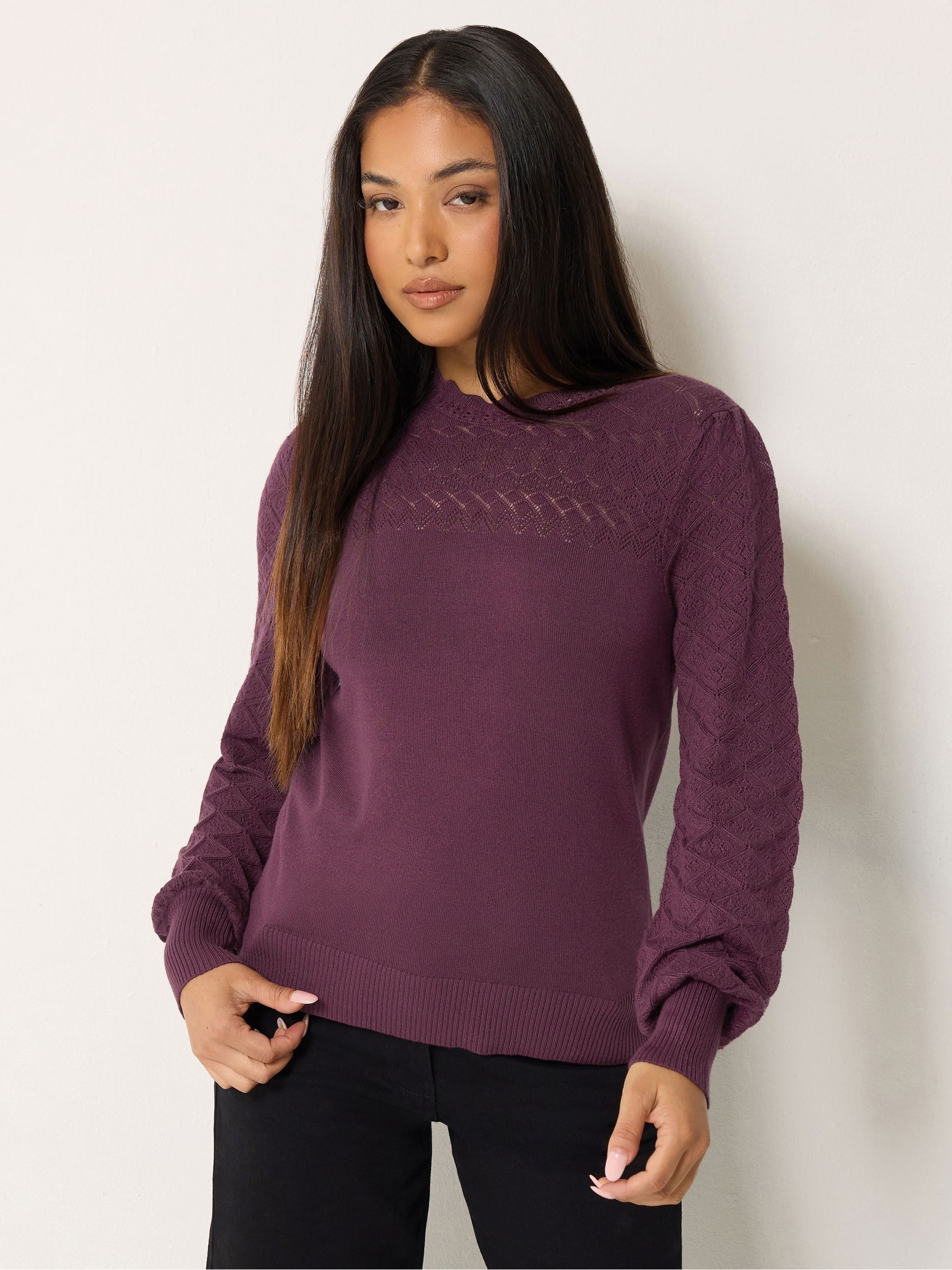 M&Co Women's Petite Pointelle Sleeve Jumper in Purple | Size: 8-10 - Image 1