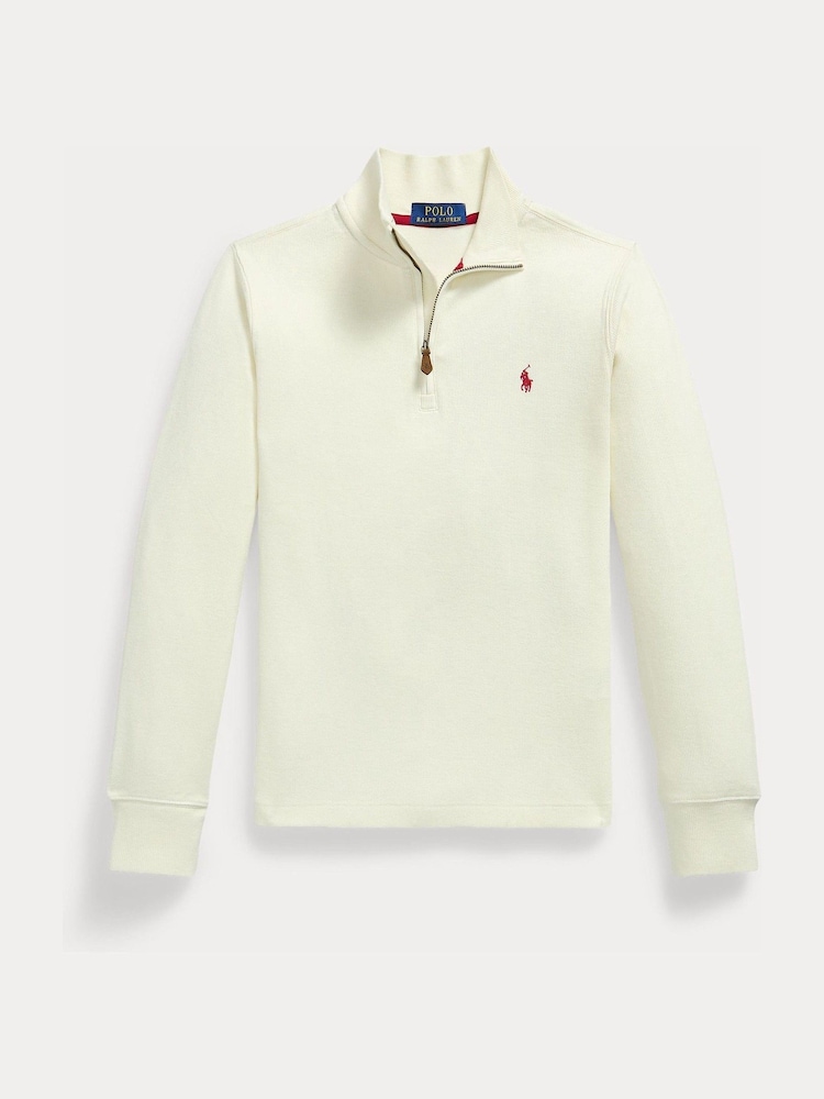 Polo Ralph Lauren White Logo Quarter Zip Jersey Sweatshirt - Image 1 of 2 Polo Ralph Lauren White Logo Quarter Zip Jersey Sweatshirt - Image 1 of 2