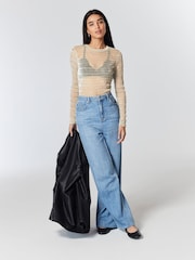 Champagne Gold Long Sleeve Sheer Metallic Sparkle Top - Image 2 of 6