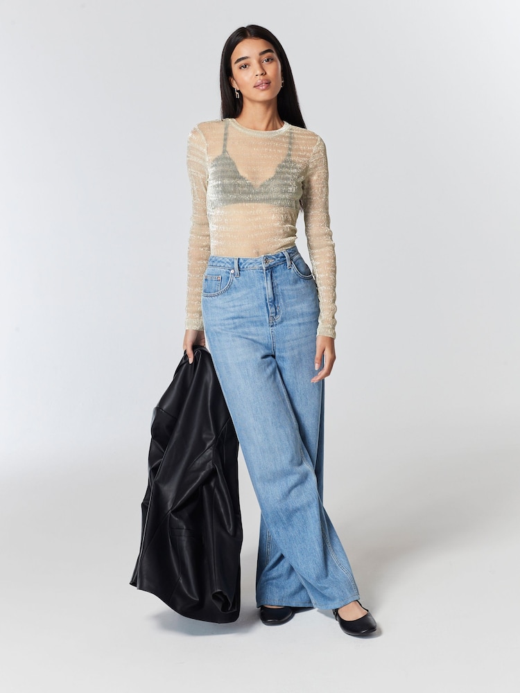 Champagne Gold Long Sleeve Sheer Metallic Sparkle Top - Image 2 of 6