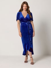M&Co Blue Velvet Wrap Ruffle Dress - Image 1 of 6