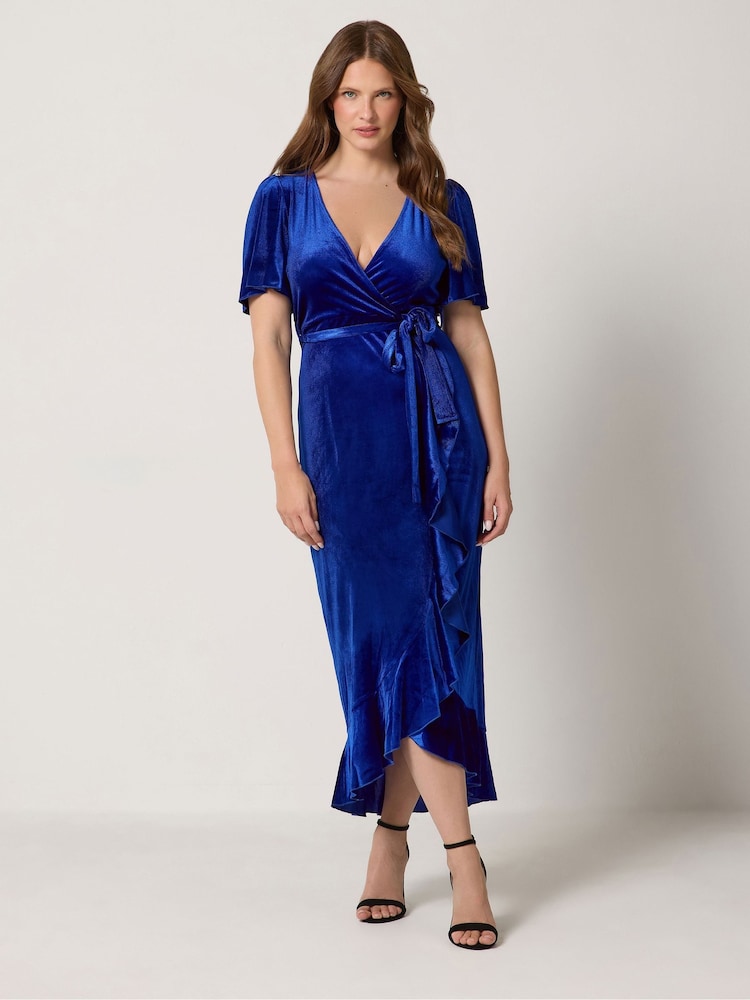 M&Co Blue Velvet Wrap Ruffle Dress - Image 1 of 6