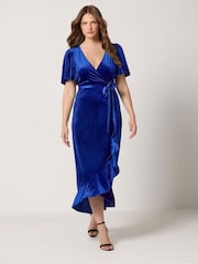 M&Co Blue Velvet Wrap Ruffle Dress - Image 2 of 6