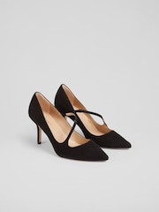 LK Bennett Black Suede Simone Asymmetric Strap Courts - Image 2 of 4