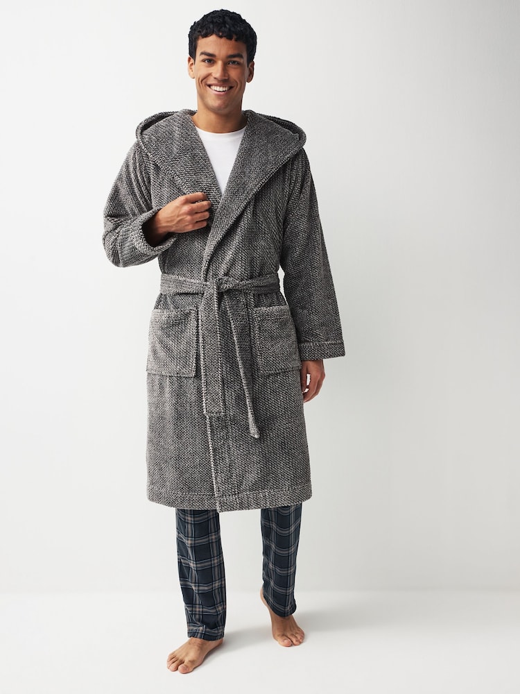 Grey Textured Supersoft Hooded Dressing Gown - Image 1 of 5