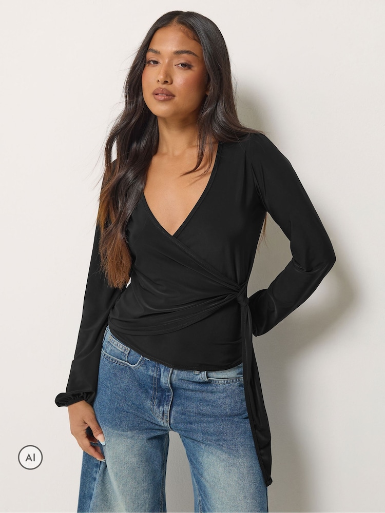 PixieGirl Petite Black Side Tie Balloon Long Sleeve Top - Image 1 of 6 PixieGirl Petite Black Side Tie Balloon Long Sleeve Top - Image 1 of 6