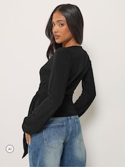 PixieGirl Petite Black Side Tie Balloon Long Sleeve Top - Image 3 of 6