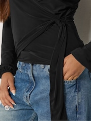 PixieGirl Petite Black Side Tie Balloon Long Sleeve Top - Image 4 of 6