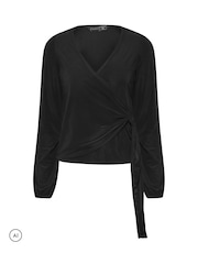 PixieGirl Petite Black Side Tie Balloon Long Sleeve Top - Image 5 of 6