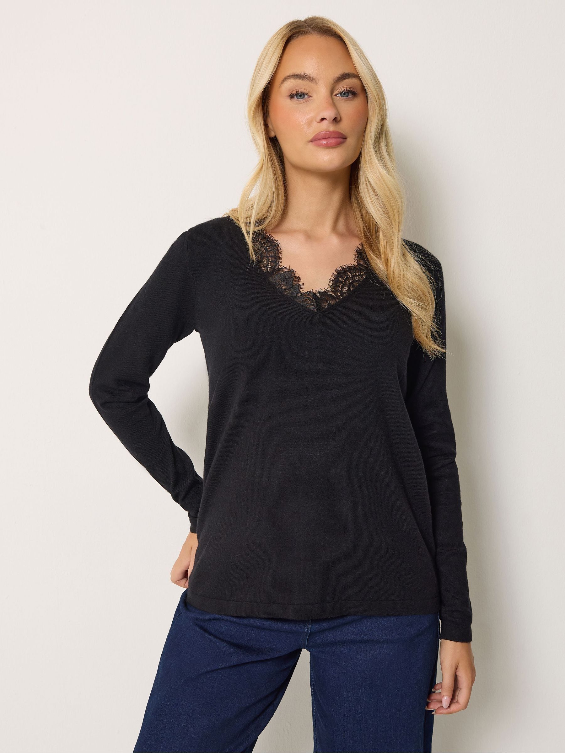 M & Co Women's Black Lace Trim V-Neck Jumper
