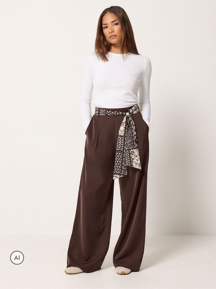 PixieGirl Petite Brown Scarf Belt Wide Leg Trousers - Image 1 of 6 PixieGirl Petite Brown Scarf Belt Wide Leg Trousers - Image 1 of 6