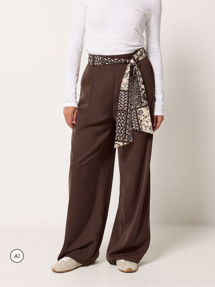 PixieGirl Petite Brown Scarf Belt Wide Leg Trousers - Image 2 of 6 PixieGirl Petite Brown Scarf Belt Wide Leg Trousers - Image 2 of 6