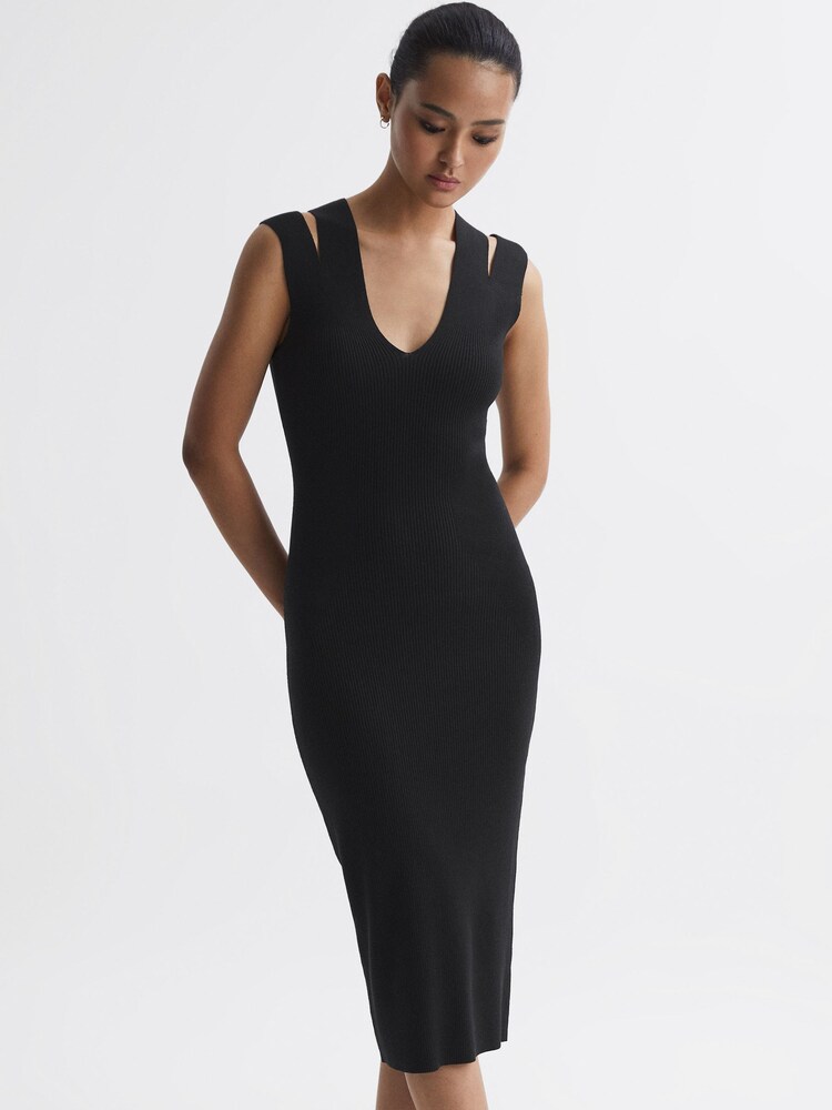 Reiss Black Kara Knitted Double Strap Midi Dress - Image 1 of 5 Reiss Black Kara Knitted Double Strap Midi Dress - Image 1 of 5