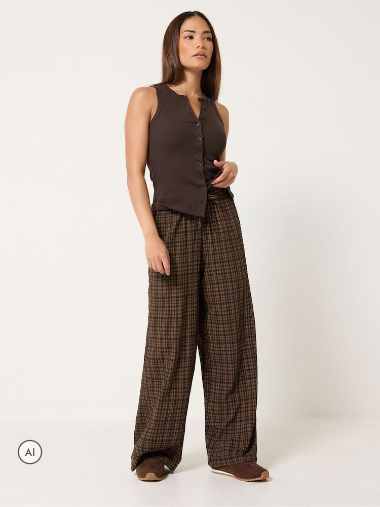 PixieGirl Petite Brown Check Crinkle Wide Leg Trousers - Image 2 of 6 PixieGirl Petite Brown Check Crinkle Wide Leg Trousers - Image 2 of 6