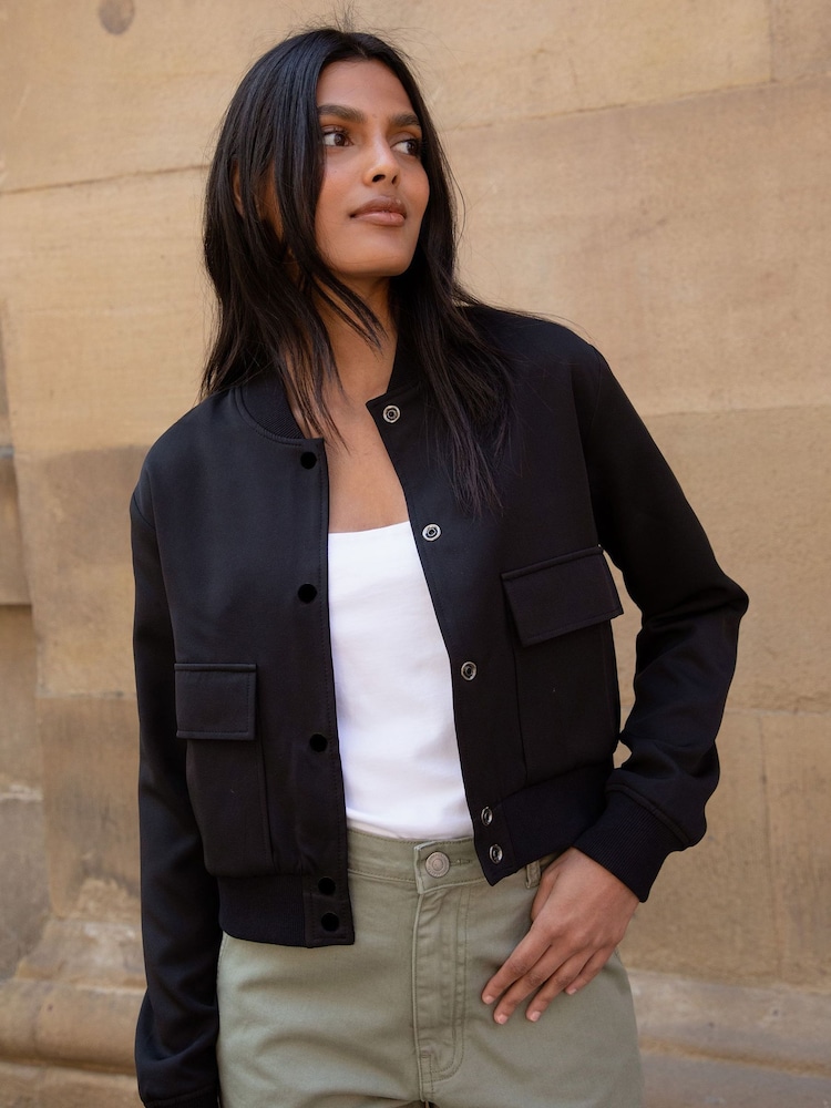 Threadbare Black Cropped Bomber Jacket - Image 1 of 4