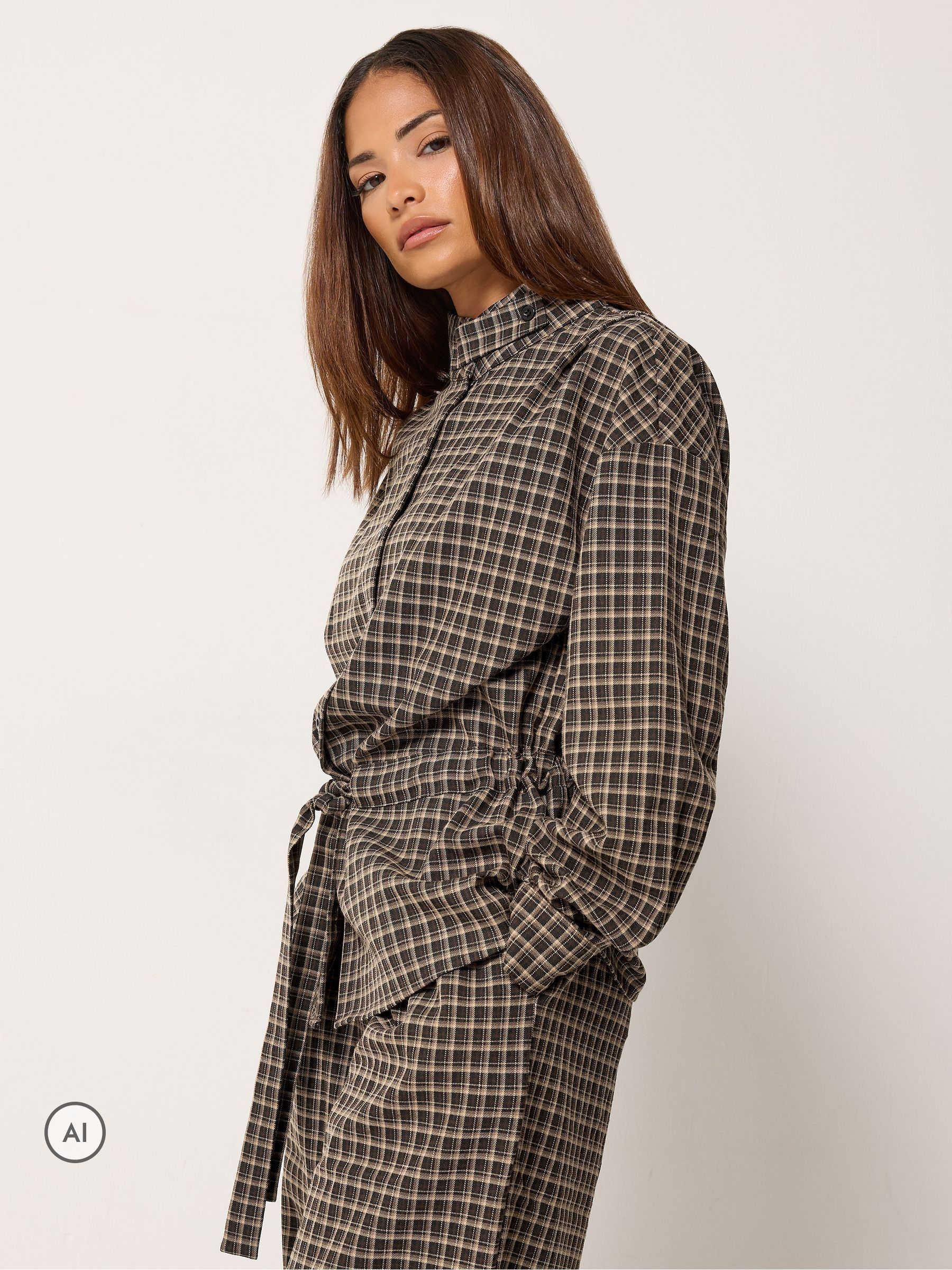 PixieGirl Women's Petite Check Funnel Neck Jacket in Brown | Size: 16 - Image 2