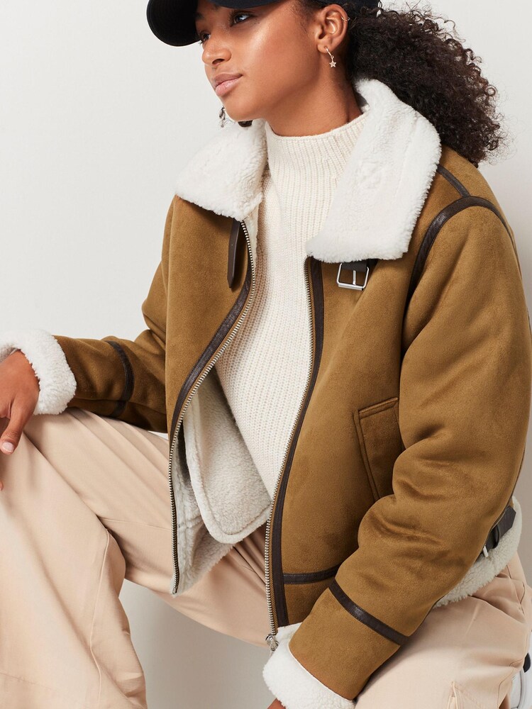 Tan Brown Faux Suede Aviator Jacket with Faux Fur Trims - Image 1 of 1