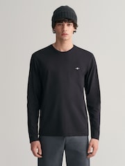GANT Black Regular Fit Shield Logo Long Sleeve 100% Cotton T-Shirt - Image 1 of 4