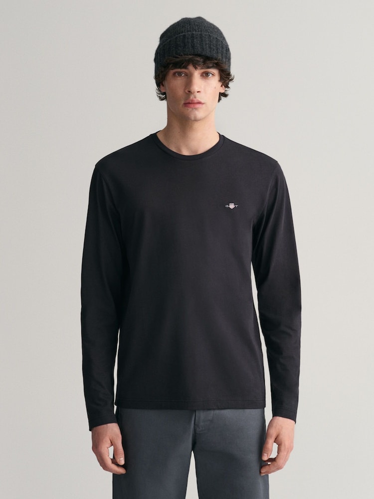 GANT Black Regular Fit Shield Logo Long Sleeve 100% Cotton T-Shirt - Image 1 of 4
