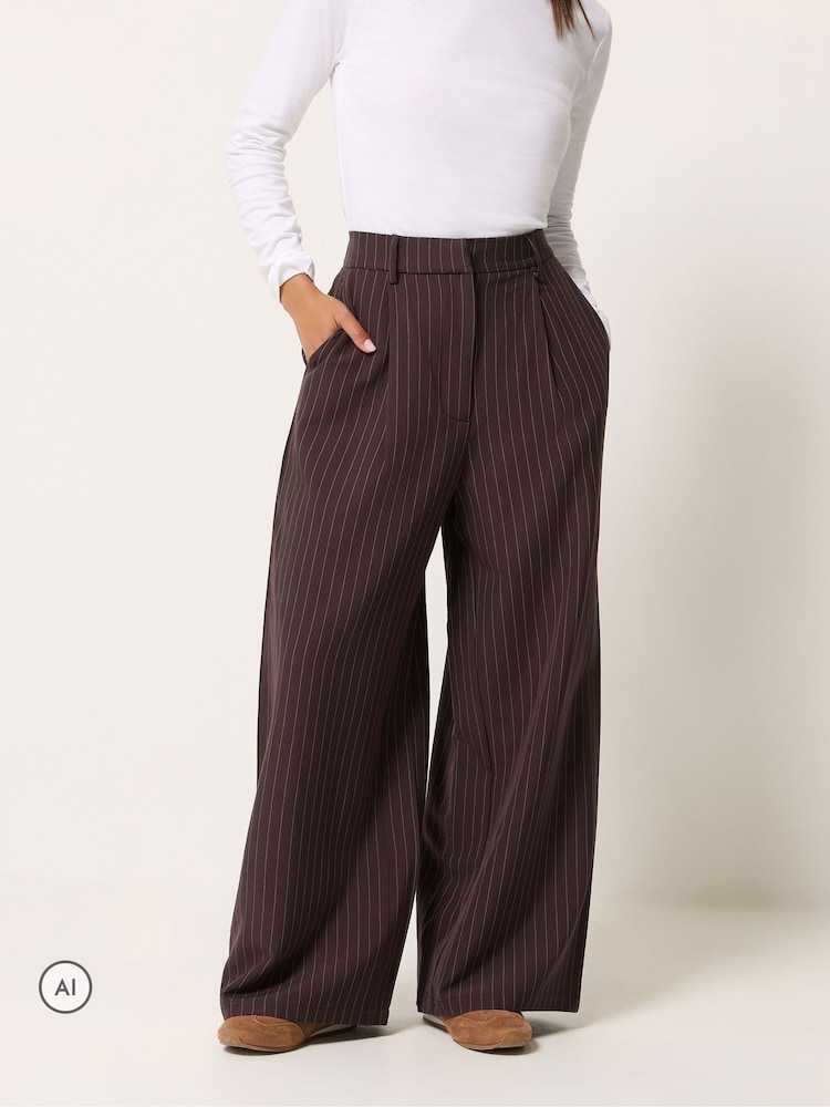 PixieGirl Petite Brown Pinstripe Cotton Wide Leg Trousers - Image 2 of 6 PixieGirl Petite Brown Pinstripe Cotton Wide Leg Trousers - Image 2 of 6