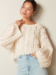 Ecru White Ruffle Cable Long Sleeve Jumper - Image 1 of 6