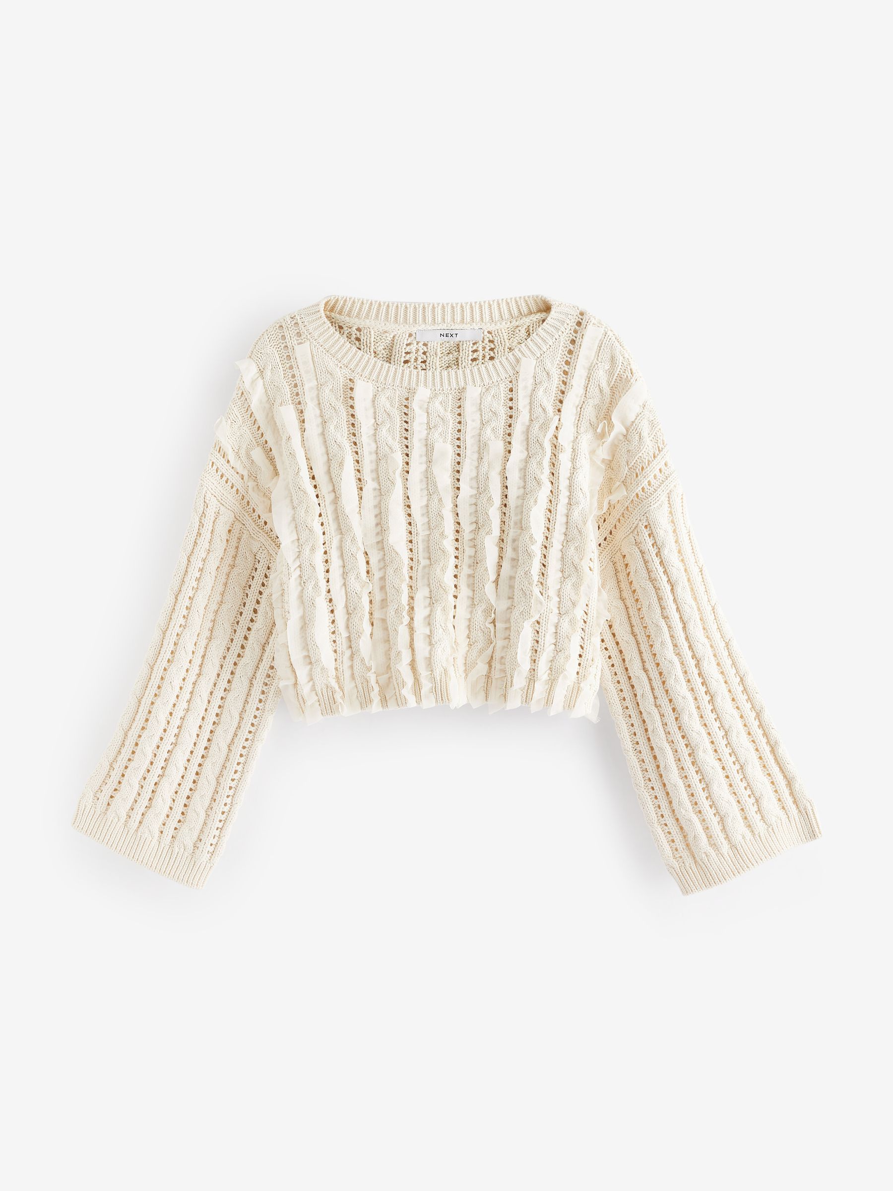 Buy Ecru White Ruffle Cable Long Sleeve Jumper from Next Luxembourg