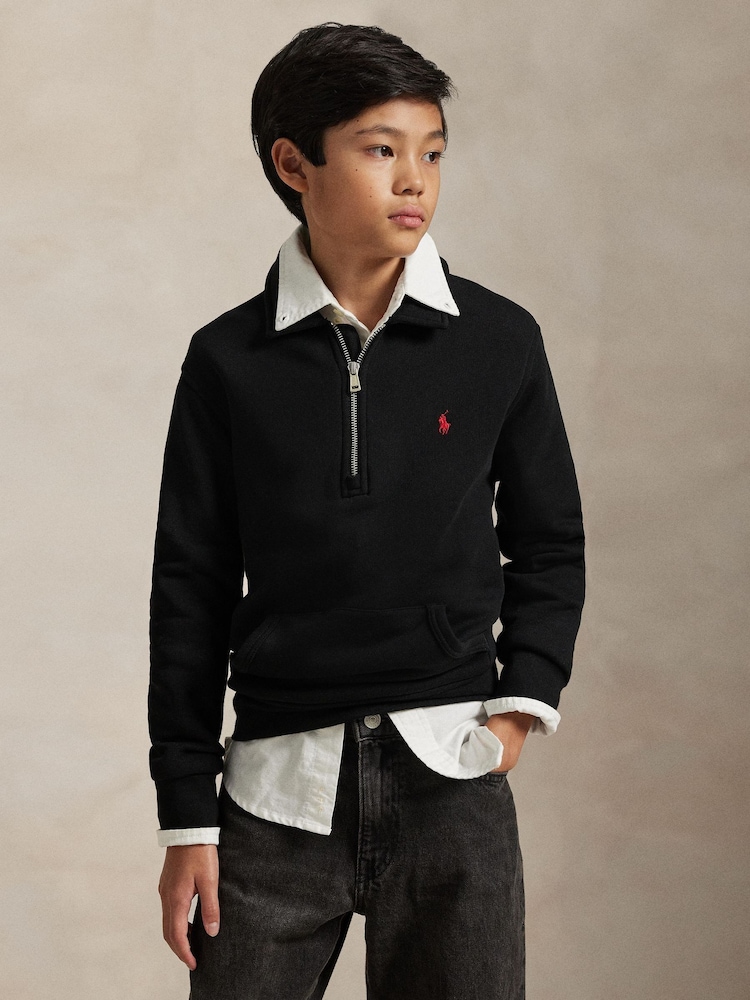 Polo Ralph Lauren Black Logo Quarter Zip Jersey Sweatshirt - Image 1 of 5 Polo Ralph Lauren Black Logo Quarter Zip Jersey Sweatshirt - Image 1 of 5